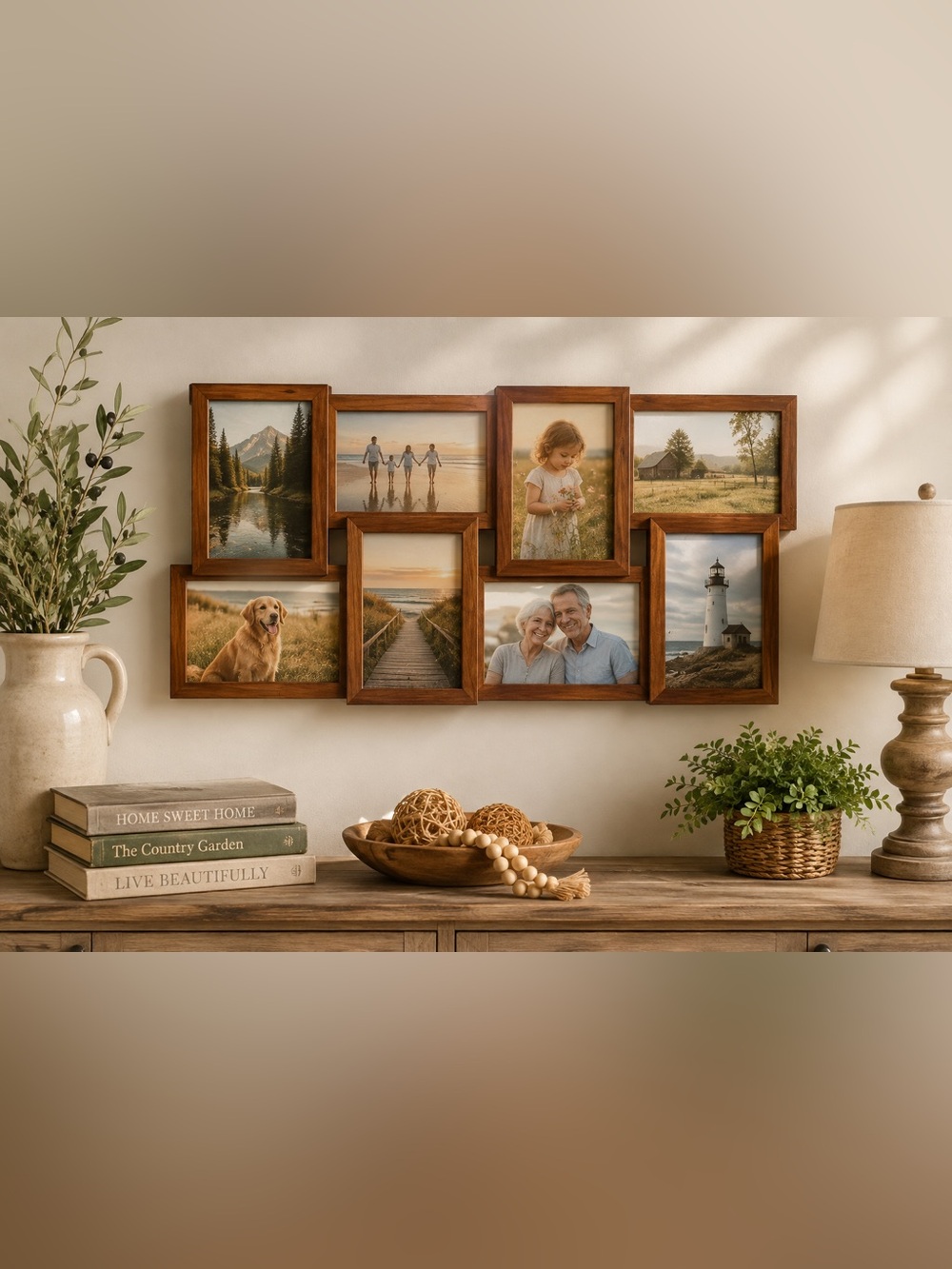 Wood 8-Opening Collage Picture Frame Wall Hanging 23" x 12" Family Photo Display